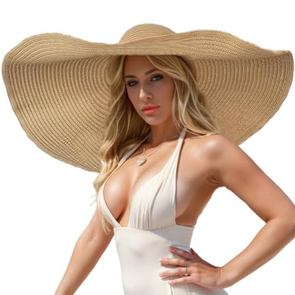 Oversized Beach Hat Women, Extra Wide Brim Foldable Straw Floppy Sun Hat - color: Khaki