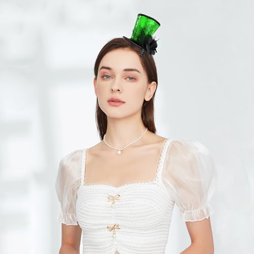 WLBON Halloween Mini Top Hat Headband 1920s Flower Sequins Hair Hoops Bands Fascinator Headpiece Hairband Women Christmas Holiday Festival Parade Cosplay Dress Up Birthday Tea Party Accessories Green - color: Light Green