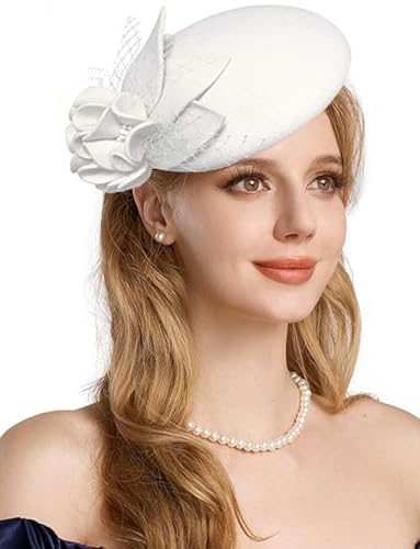Women's Vintage 100% Wool Felt Cloche Bucket Bowler Hat Winter Vintage Bow Fedoras Church Fascinator - color: 02-white