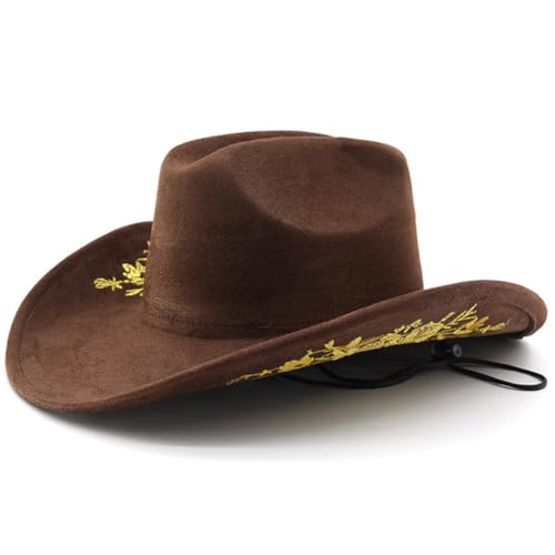 Felt Hats for Cowboys and Cowgirl Unisex Classic Rolled up Caps Yellow Embroidery with Chin Strap - color: Brown