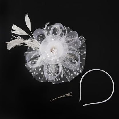 JUNBESTN Fascinators Hat Tea Party Headwear for Women Flower Mesh Feathers Headband - color: White