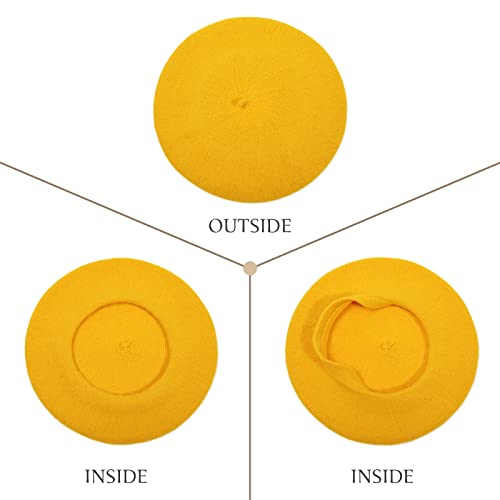 Women French Wool Beret Hats - Solid Color Classic Beanie Winter Cap - color: Yellow
