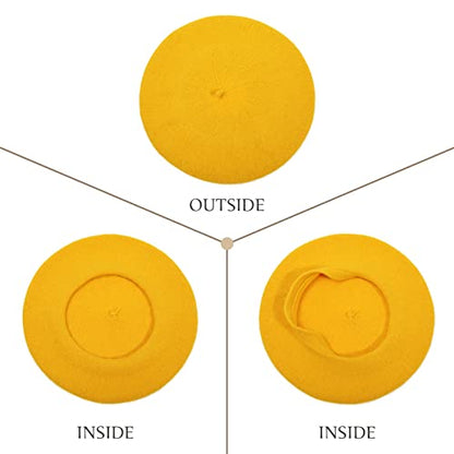 Women French Wool Beret Hats - Solid Color Classic Beanie Winter Cap - color: Yellow
