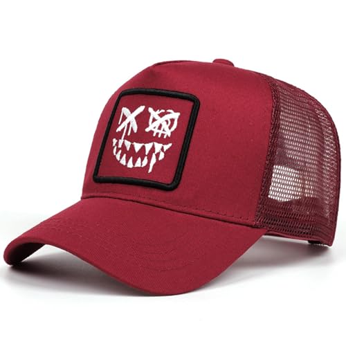 Trucker Hat for Men Women-Mesh Back Breathable Adjustable Snapback Cap-UV Protection Sun Hat for Summer Outdoor Activities - color: Evil Smile Red