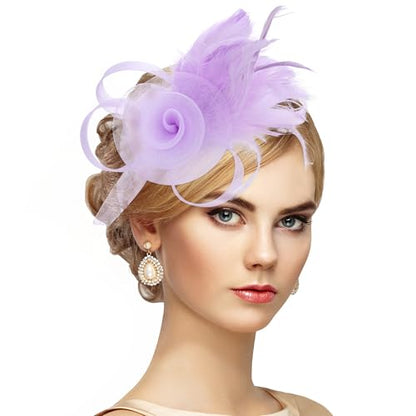 Zinniday Victorian Feather Fascinators Hats - 2025 Derby Attire Headwear with Hairpin,1920s Tea Party Hat for Woman - color: Light Purple