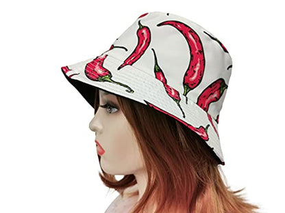 Unisex Corn Mushroom Pepper Ice Cream Seamless Print Bucket Hat - color: Pepper (White Red)