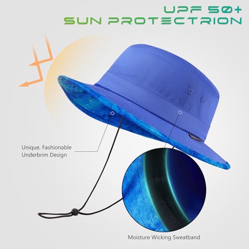 UPF 50+ Foldable Sun Hat Patterned Under Brim Bucket Hats for Summer Hiking Fishing Beach Safari Men Women - color: Dazzling Blue, size: Large