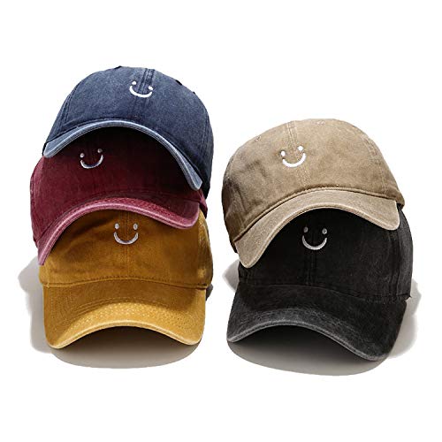 Smile Face Baseball Cap, Vintage Distressed Cotton Dad Hat for Women Men - color: Retro Dark Blue