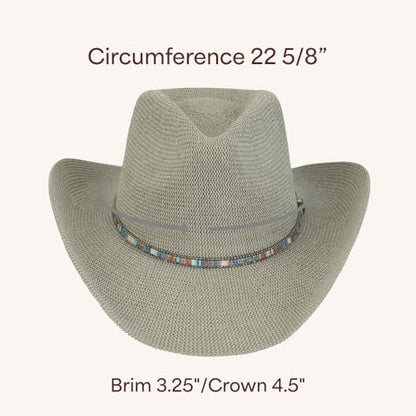 C.C Knitted Cowboy Hat for Women Lightweight Woven Western Hat with Multicolor Trim Band, Wide Brim Summer Sun Hat - color: Sage