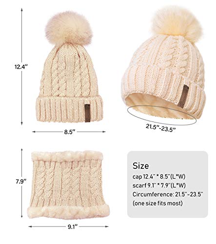 IYEBRAO Womens Winter Knit Beanie Hat and Scarf Set Girls Cute Slouchy Thick Fleece Lined Ski Hat Warm Skull Cap with Pom - color: Beige