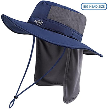 BASSDASH UPF 50+ Sun Fishing Hat Water Resistant with Detachable Neck Flap - color: Dark Blue - Big Head Size