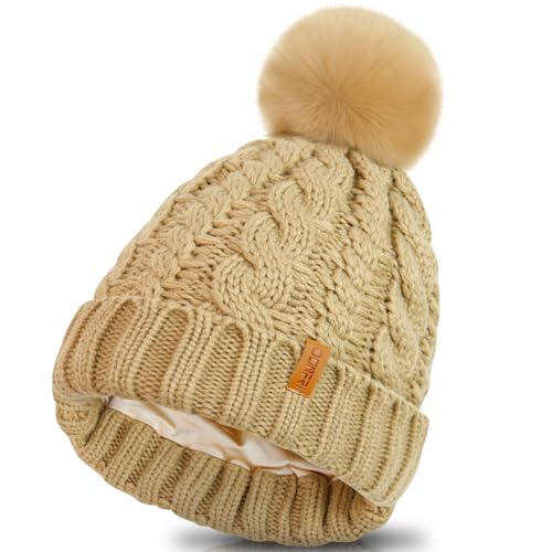 Donfri Women's Satin Lined Knit Beanie with Pompom Oatmeal - color: Khaki