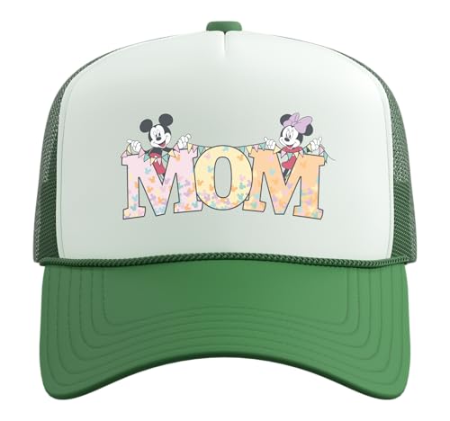 Disney Mom Mickey & Minnie Pastel Letters Family Disney Trip Trucker Hat with Adjustable Mesh Back - color: Kelly Green/White