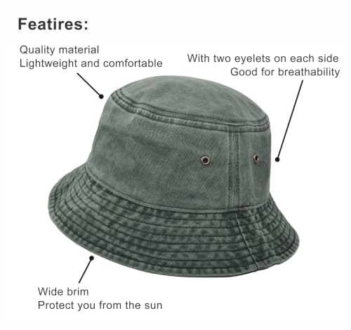 Bucket Hat, Wide Brim Washed Denim Cotton Outdoor Sun Hat Flat Top Cap for Fishing Hiking Beach Sports - color: Army Green