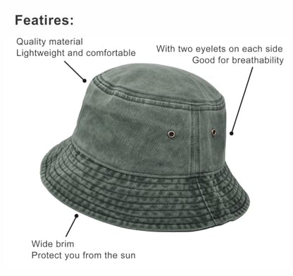 Bucket Hat, Wide Brim Washed Denim Cotton Outdoor Sun Hat Flat Top Cap for Fishing Hiking Beach Sports - color: Army Green