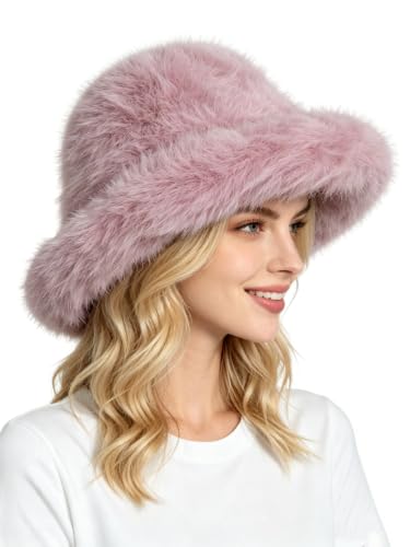 Lina & Lily Oversized Winter Faux Fur Bucket Hat for Women - Long Pile Fur Wide Moldable Brim - color: Dusty Pink