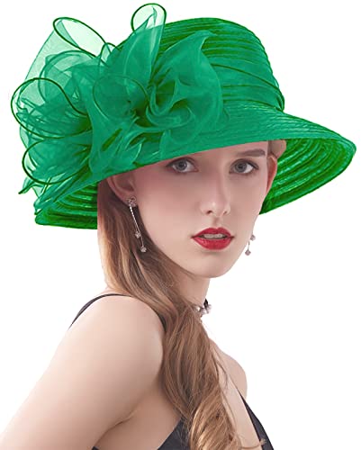 Women's Kentucky Derby Church Dress Hat Wide Brim Leaf Flower Bridal Shower Hat - color: 01 Green