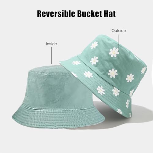 Bucket Hat for Women Men, Cotton Reversible Double Side Wear Sun Hats Beach Fisherman Hat - color: Flower Green