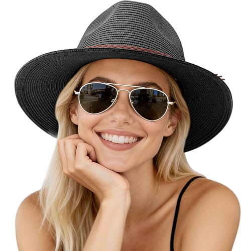 AQOKKA Summer Sun Hats for Women Straw Panama Hat with Wide Brim Roll Up Travel Fedora Beach Hat for Women Men UPF 50+ - color: Woven Rope : Black