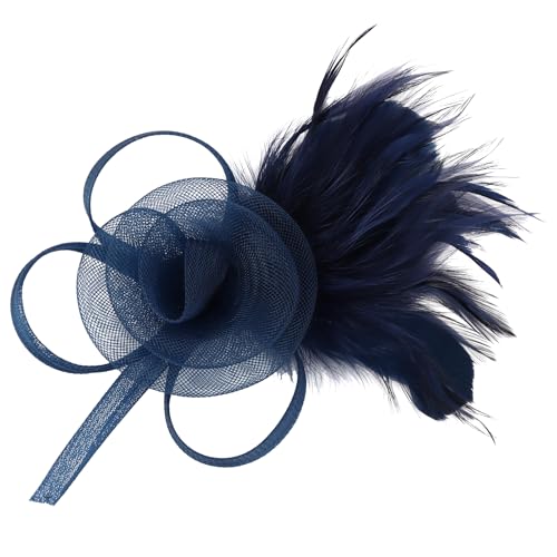Womens Fascinators Hats and Lace Fishnet Gloves Short Tea Party Hats Feather Headband for Wedding Cocktail - color: Midnight Blue