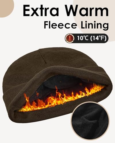 Century Star Men's Fleece-Lined Beanie Winter Knit Hat - Stretchable, Warm, Windproof, Unisex Cuffed Ski Cap for Sports - color: Coffee