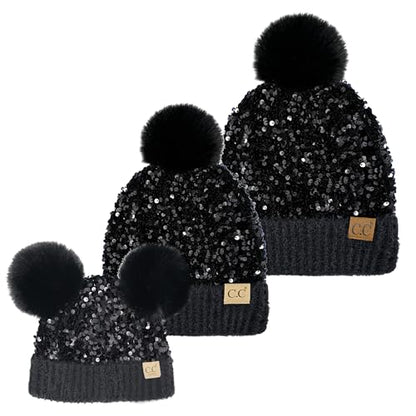 Funky Junque Mommy & Me Double Pom Beanies 3-Pack Matching Winter Hats for Mom, Toddler & Infant Girls, Cozy Knit Family Set - color: Sequin - Black