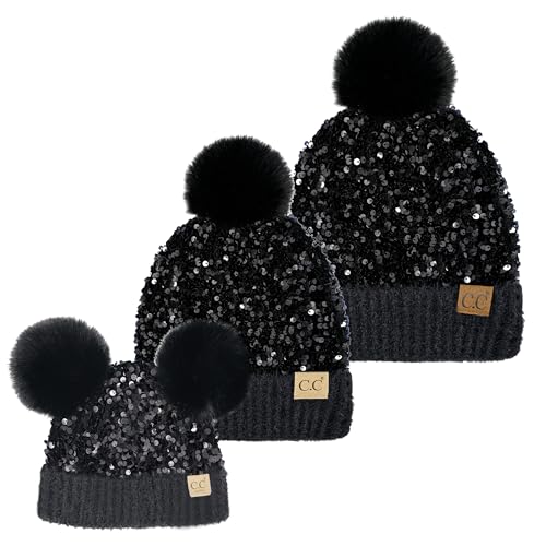 Funky Junque Mommy & Me Double Pom Beanies 3-Pack Matching Winter Hats for Mom, Toddler & Infant Girls, Cozy Knit Family Set - color: Sequin - Black