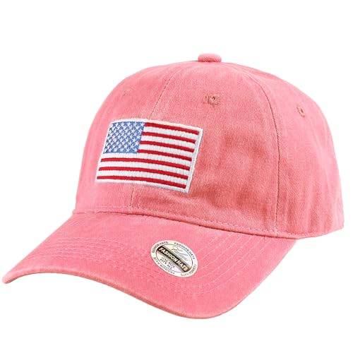 Falari USA Flag Embroidered Baseball Cap, Low Profile Adjustable Dad Hat, 100% Cotton, Pre-Washed - color: Pink