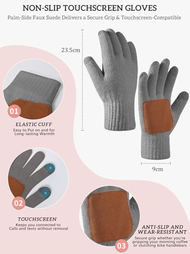 Women's Winter Beanie Hat Scarf Gloves Set,Fleece Lined Knit Pom Hat Long Scarf with Touchscreen Gloves Gifts for Women