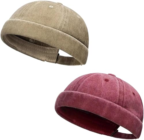 Initlove Docker Hat for Men Vintage Brimless Sailor Hat Beanie Cap - color: Khaki + Wine Red