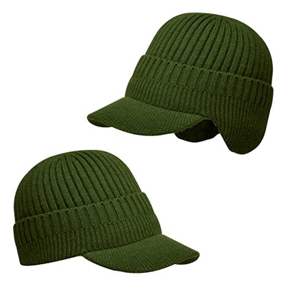 Men's Winter Hat with Brim, Warm Earflaps Hat for Men, Thick Fleece Lined Knit Winter Beanie Outdoor - color: Army Green