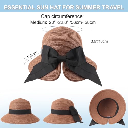DRESHOW Sun Hats for Women Travel Fedora Foldable Beach Sun Hat Summer Wide Brim Straw Bucket Hat with Bowknot UPF 50+ - color: 1 Pack Bowknot Straw Hat: Brown