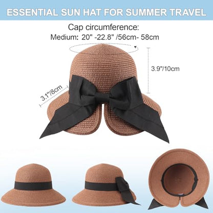 DRESHOW Sun Hats for Women Travel Fedora Foldable Beach Sun Hat Summer Wide Brim Straw Bucket Hat with Bowknot UPF 50+ - color: 1 Pack Bowknot Straw Hat: Brown