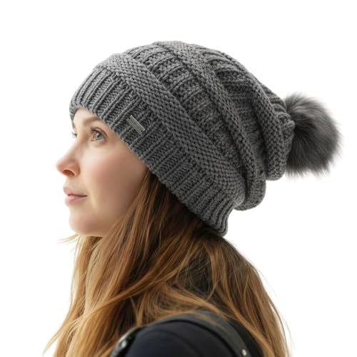 TOP-EX Winter Wool Slouchy Beanie for Women, Warm Faux Fur Pom Hat - color: Grey_fleece Lined