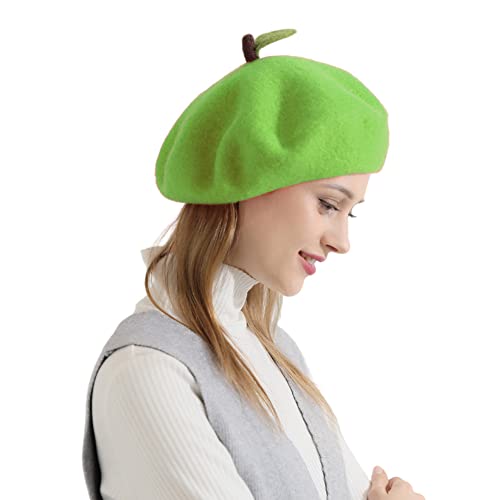 Handmade Wool Beret Hat French Style Needle Felt Flower Beanies Women Winter Autumn Cap - color: Green Apple, size: 7 1/8-7 3/8