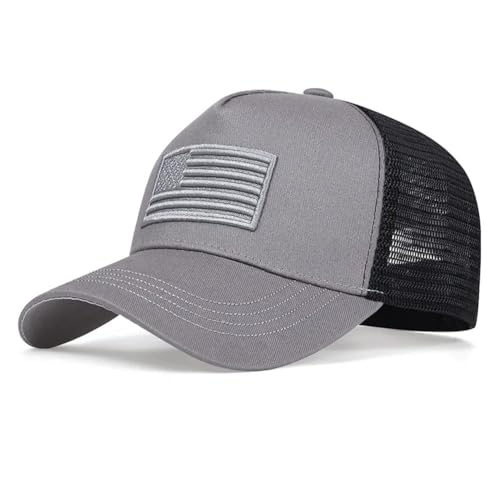 Mens American Flag Trucker Hat Breathable Mesh Baseball Cap Adjustable Low Profile Snapback Hat - color: Grey