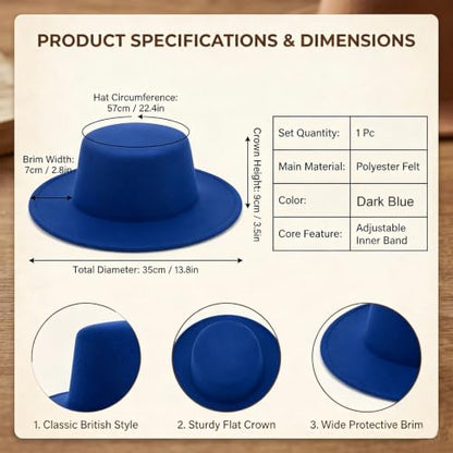 Black Flat Top Fedora Hat, Wool Blend Derby Cap Classic Formal Hat for Events & Daily Wear - color: Blue