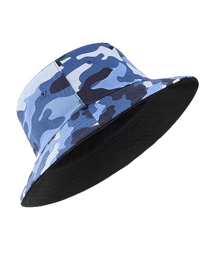Zylioo XXL Bucket Hat for Big Heads, Reversible Fishing Sun Hat - color: Black-blue Camo, size: Large-X-Large