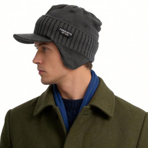 Ruphedy Mens Beanie with Brim Winter Hat Knitted Thick Fleece Visor Beanie - color: B323-grey