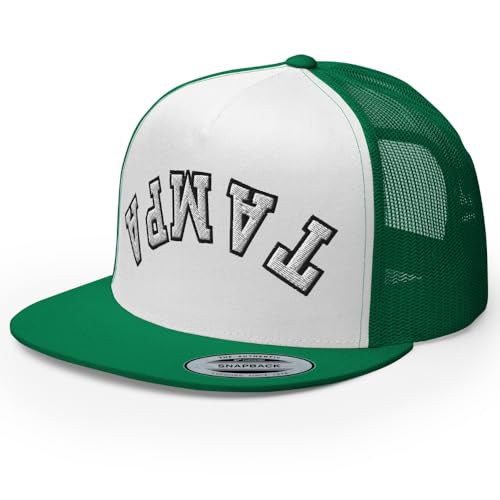 NX Upside Down Tampa Embroidered Flat Bill Trucker Hat High Crown Snapback Cap - color: Kelly/ White/ Kelly