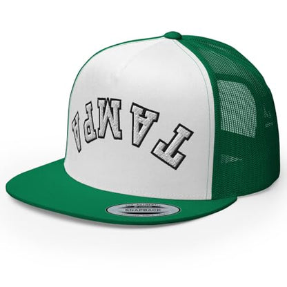 NX Upside Down Tampa Embroidered Flat Bill Trucker Hat High Crown Snapback Cap - color: Kelly/ White/ Kelly