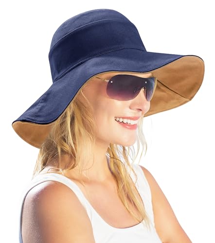 Womens Foldable Shapeable Brim Sun Hat UPF 50+ Cotton Wide Brim Beach Adjustable Chin Strap Hat Sun Protection Cap - color: Blue