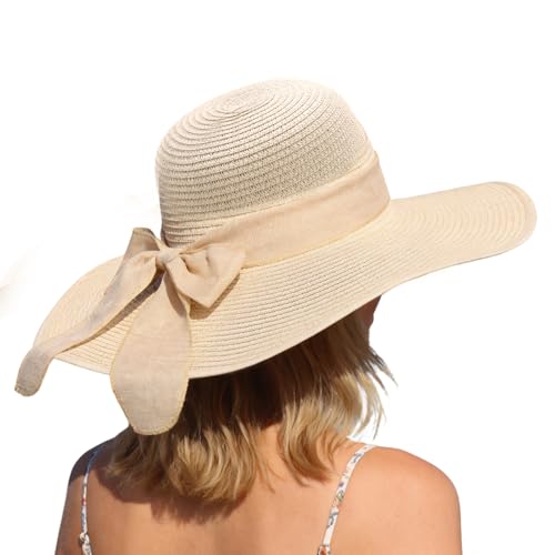 Oweisong Sun Beach Hats for Women Trendy Summer Vacation Straw Hat Boho Bow Wide Brim Packable Hat - color: Begie
