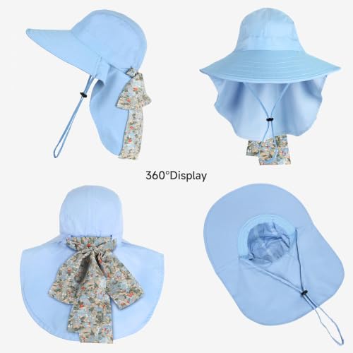 Solaris UPF 50+ Wide Brim Sun Hat for Women - Small Size Packable Lightweight, Floral Scarf Cooling Hat with Neck Flap - color: Blue