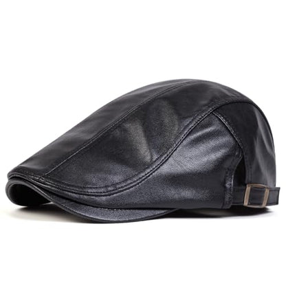 Newsboy Cap for Men, Flat Cap, PU Leather Hat - color: Buckle| Black
