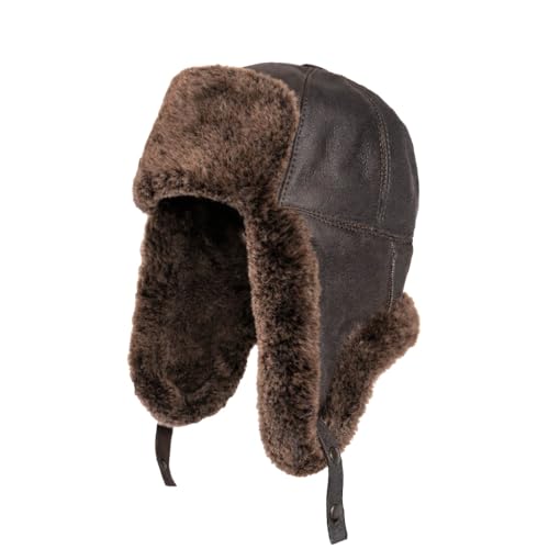 Handmade Sheepskin Leather Trapper Hat – Aviator Cap with Fur Lined Ear Flaps, Shearling Russian Ushanka Winter Hat - color: Brown, size: Medium