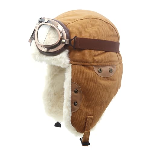 Adults Vintage Aviator Hat Trapper Cap - color: Camel Hat+clear Lenses
