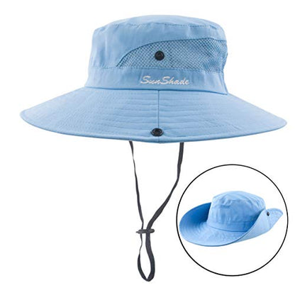 Muryobao Women's Ponytail Sun Hat UV Protection Foldable Mesh Wide Brim Beach Fishing Hat - color: Pure Sky Blue