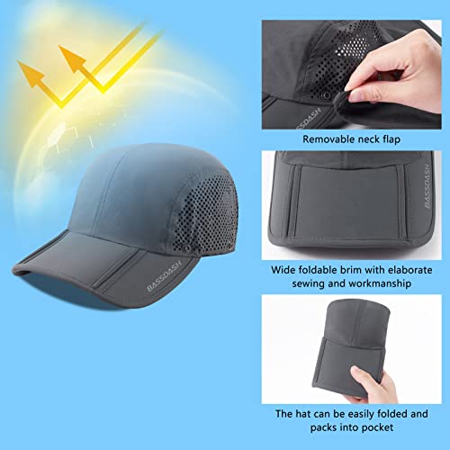BASSDASH UPF 50+ Fishing Hat, Baseball Cap with Removable Neck Flap - color: Dark Grey With Foldable Brim