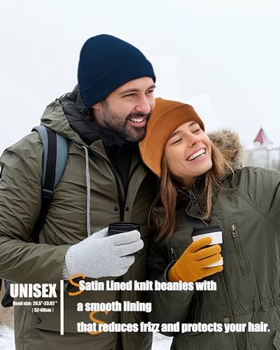 Satin Lined Knit Beanie Hat-100% Cotton Winter Hats for Women Men - color: 1-navy Blue